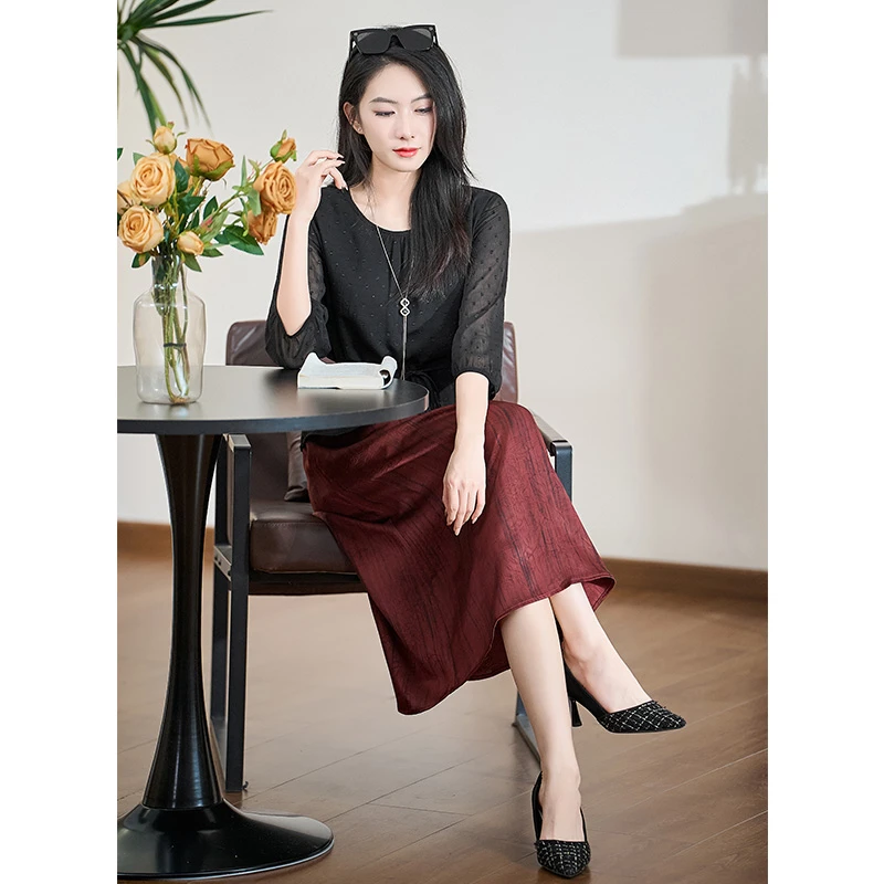 2025春季新款时尚黑红拼色假两件七分袖女连衣裙#CLQ17825