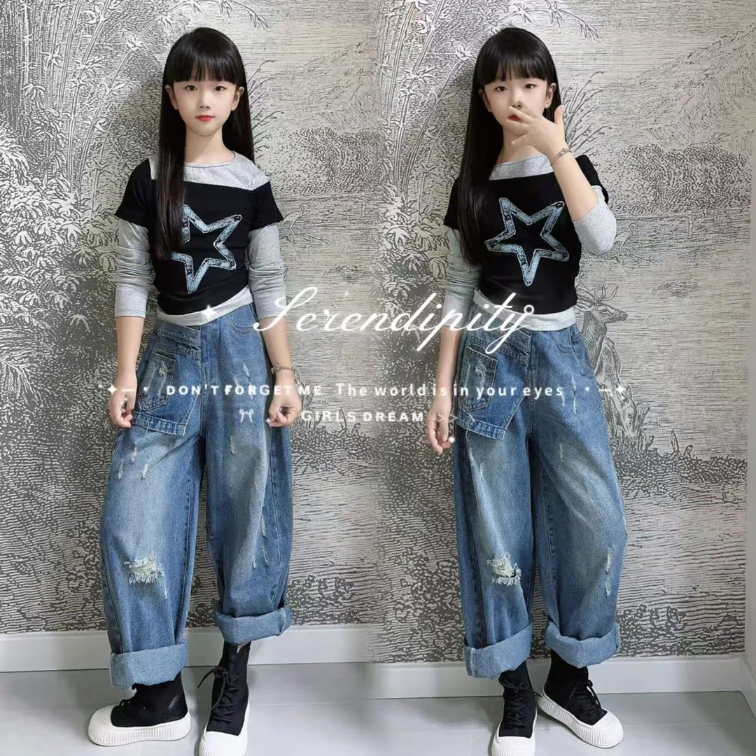 女童假两件打底衫套装2025新款春秋装女孩儿童长袖上衣长裤两件套