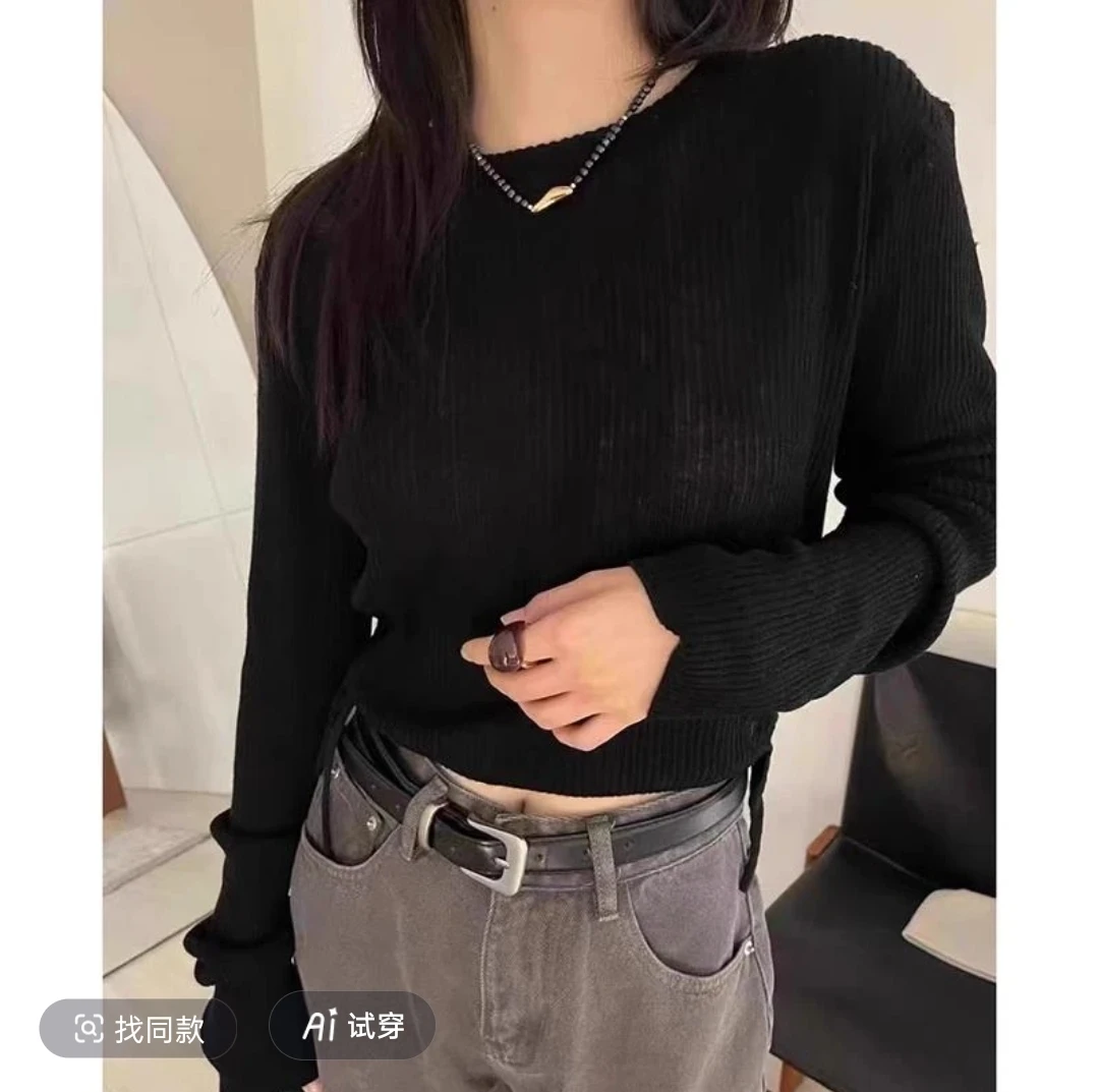 MBB2025甜美秋冬长袖休闲风植绒毛针织衫网红ins打底衫抽绳套头