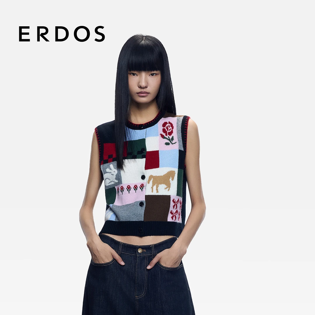 ERDOS 多彩撞色方格拼贴山羊绒复古女背心【花之上】25年秋冬新品