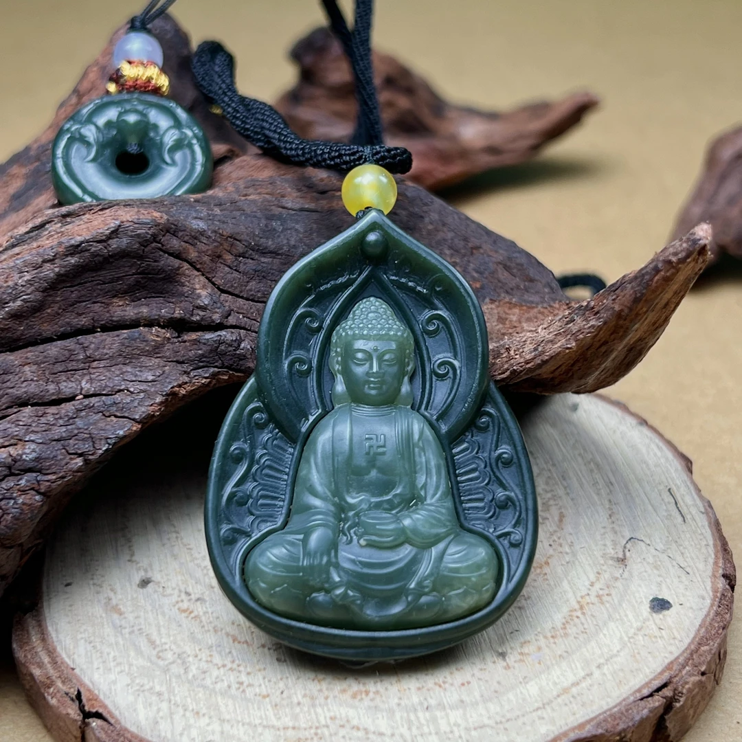 【峰哥撩玉】和田玉塔青镶嵌如来吊坠