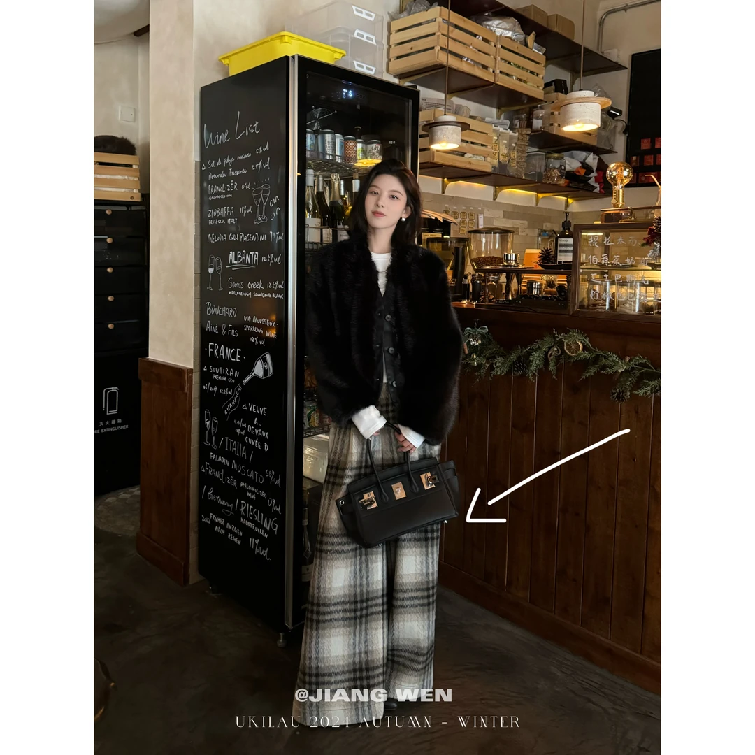 UKILAU【格纹裤】复古格子加绒羊毛毛呢高腰显瘦阔腿裤