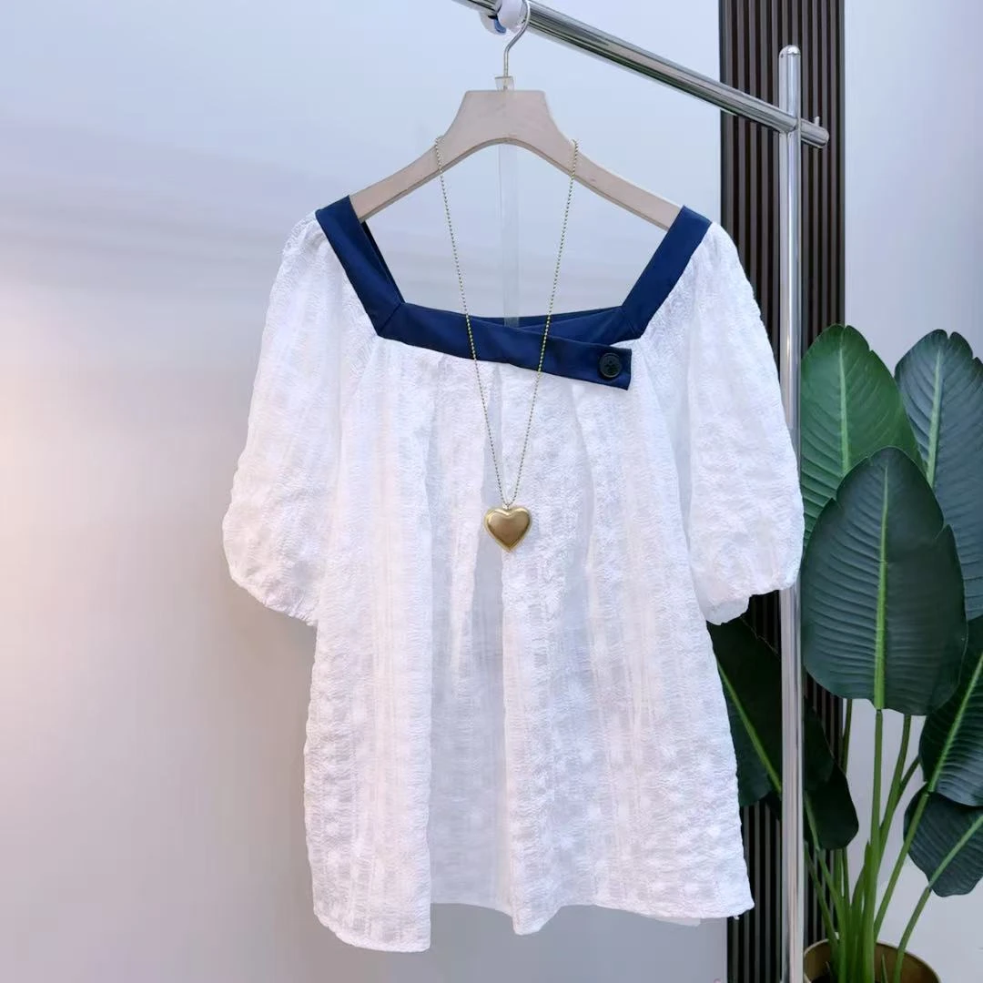 胖mm时尚气质显瘦遮肉减龄韩版轻奢681法式夏季洋气设计感半袖