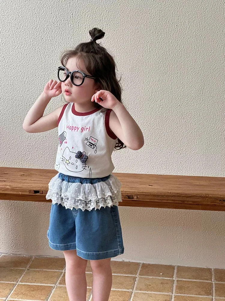 【XTL】2025新夏韩版洋气蓝色双层蕾丝边牛仔裤080