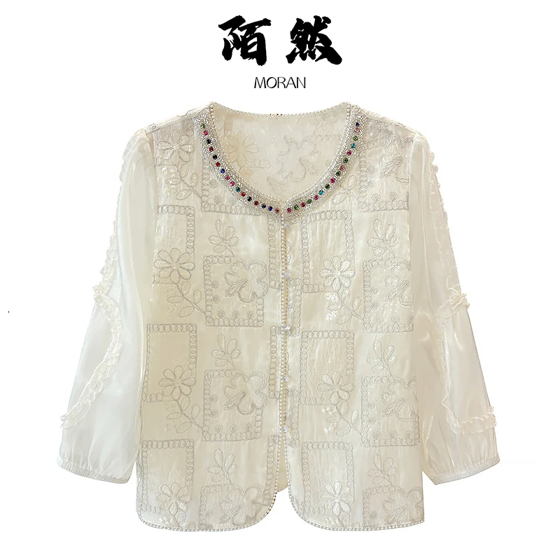Jokara/丘可儿【‌岁月星】新中式网纱领口钉珠重工长袖防晒衫夏季