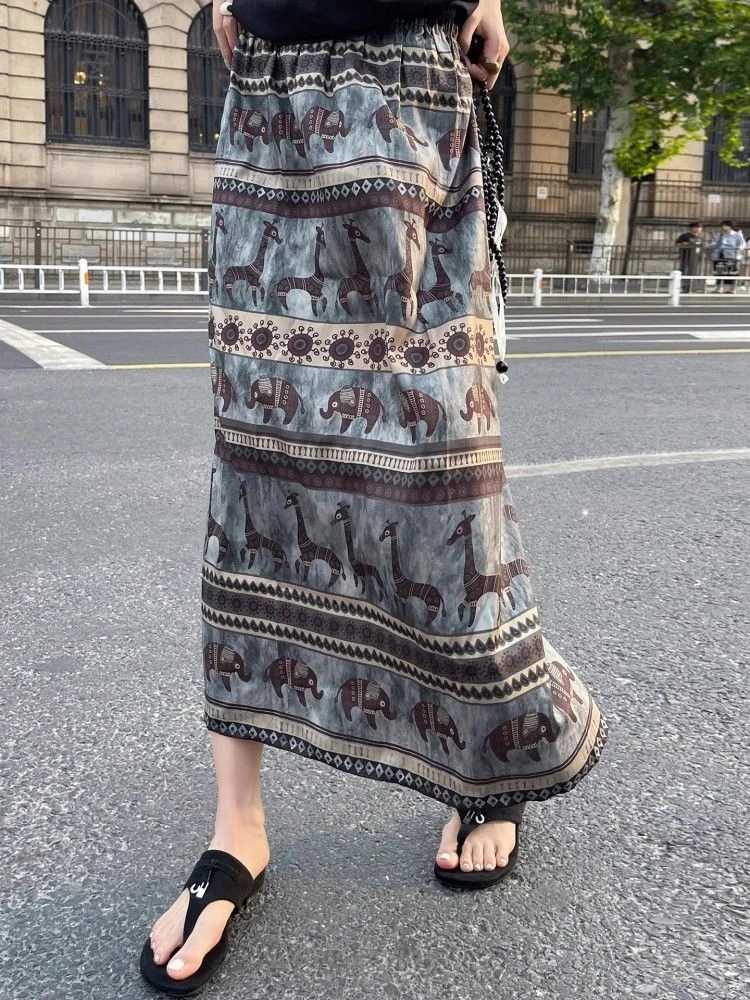 2025夏季新款松紧高腰欧货百搭复古老钱民族风小象开叉半身裙子女
