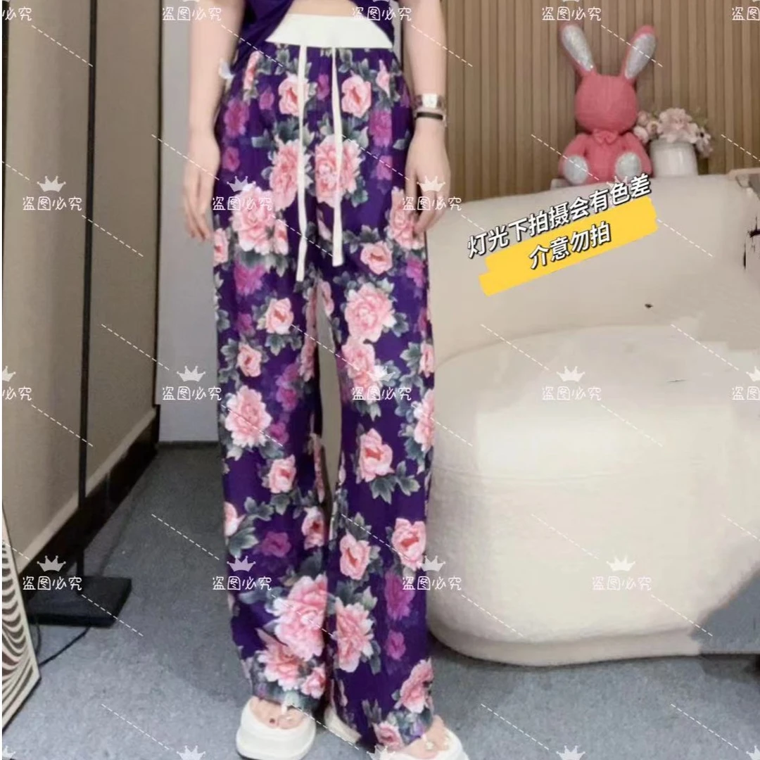 夏季百搭紫花朵直筒丝滑凉凉裤602