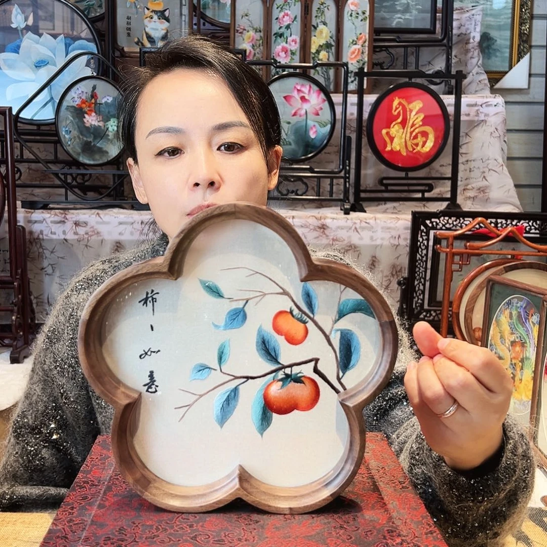 织绣苏绣摆台胡桃木手工双面