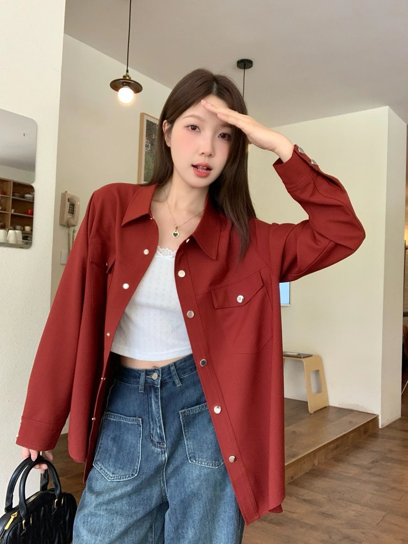 8037-1大码女装胖MM金属扣宽松直筒衬衫简约休闲垂弹外套上衣