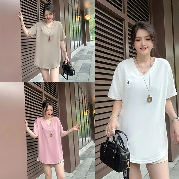 懒懒来了！【V领刺绣小马】丝光纯棉流行款气质短袖T恤潮流休闲上衣