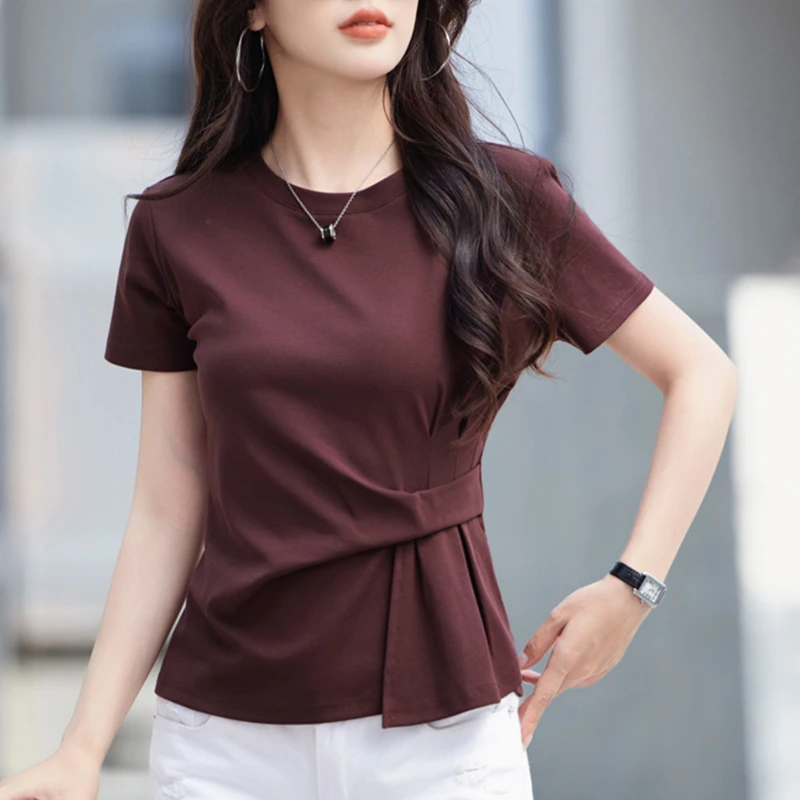时尚褶皱圆领短袖T恤女2025夏季新款微胖mm宽松显瘦遮肚洋气上衣