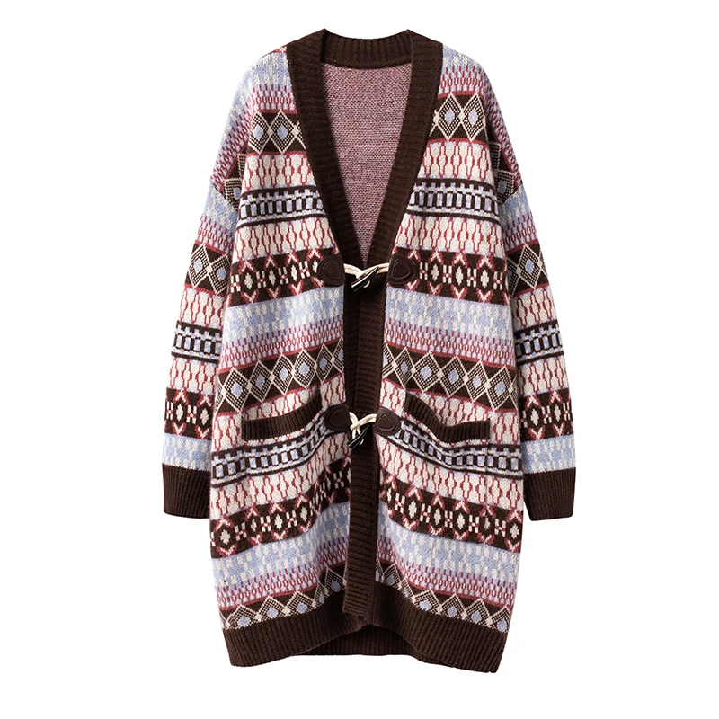 100纯山羊绒V领秋冬毛衣大衣外套女