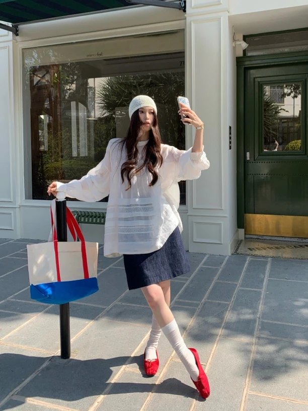 西西里假日～韩系设计感宽松微透蕾丝拼接衬衫显瘦百搭薄款春秋