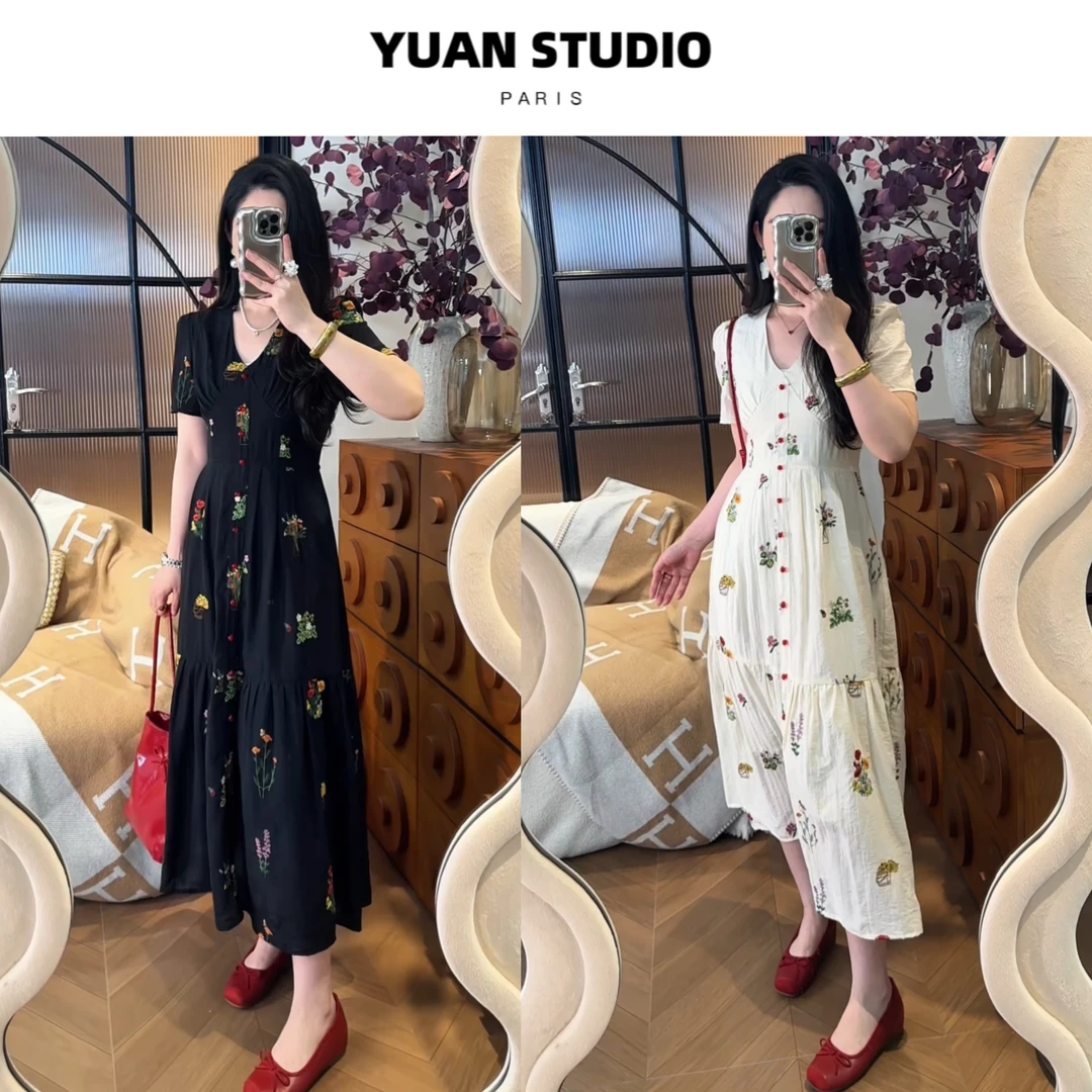 少量现!【盛夏光年】法式复古刺绣显瘦遮肉短袖茶歇优雅连衣裙