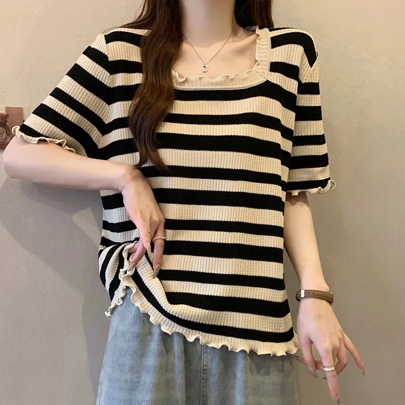 大码女装木耳边方领冰丝短袖T恤女夏季洋气百搭时尚针织条纹上衣