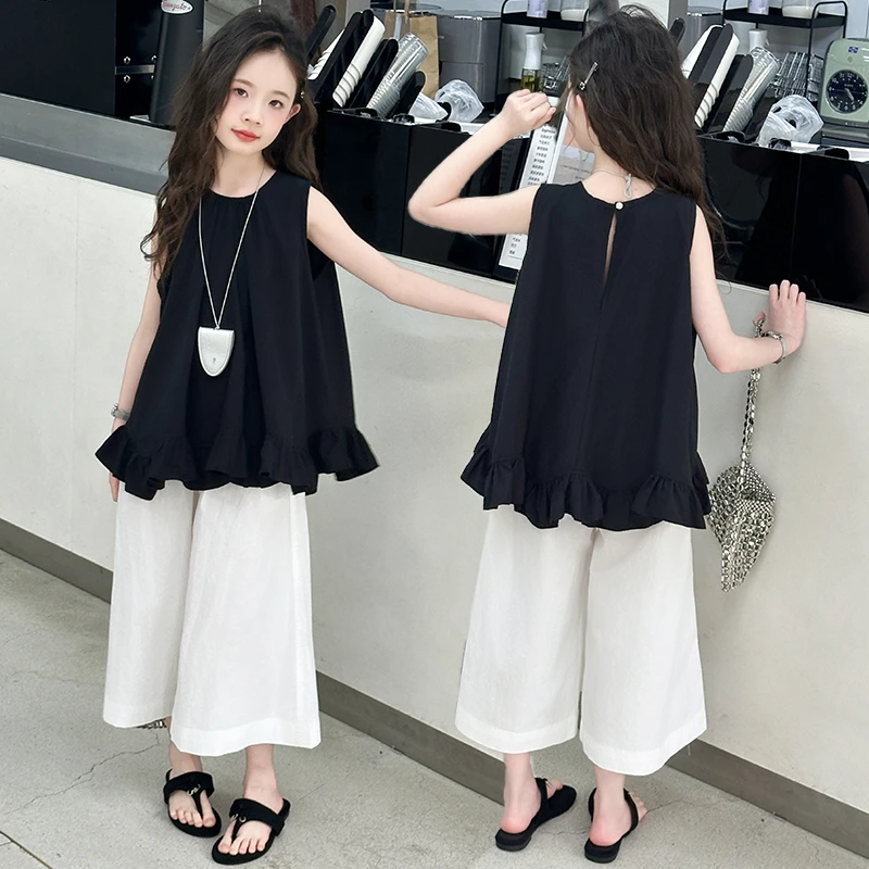 女童夏款韩系甜美无袖套装2025新款儿童6-12岁中大童夏季宽松裙裤