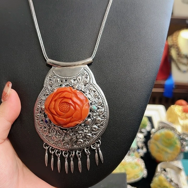 玛瑙颈饰银S925镶嵌古风