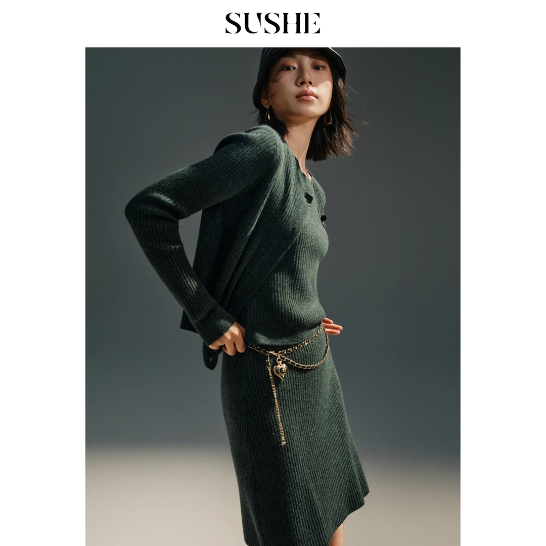 束皙SUSHE 松间 羊毛珠片纱开衫外套无袖马甲背心针织半裙套装女
