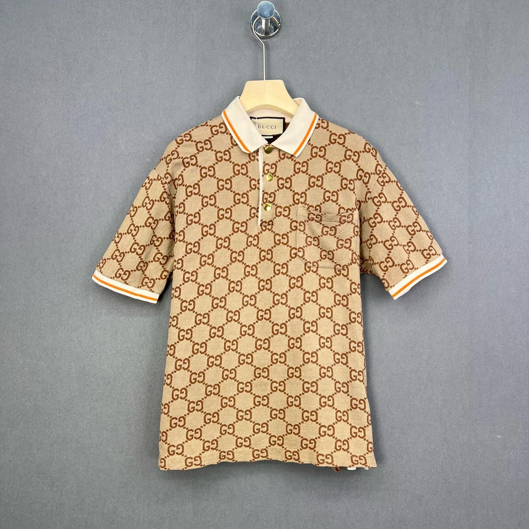 95新 GUCCI/古驰 S码/棕色满印印花翻领衫短袖/12959615