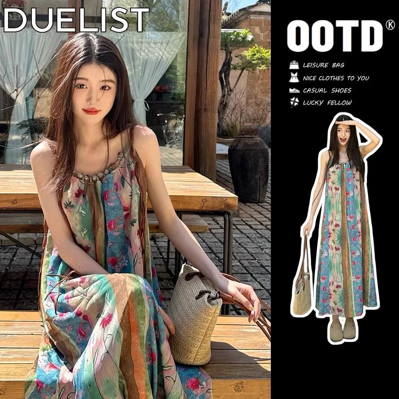 DUELIST时尚吊带连衣裙子女年夏季新款法式复古碎花气质沙滩长裙