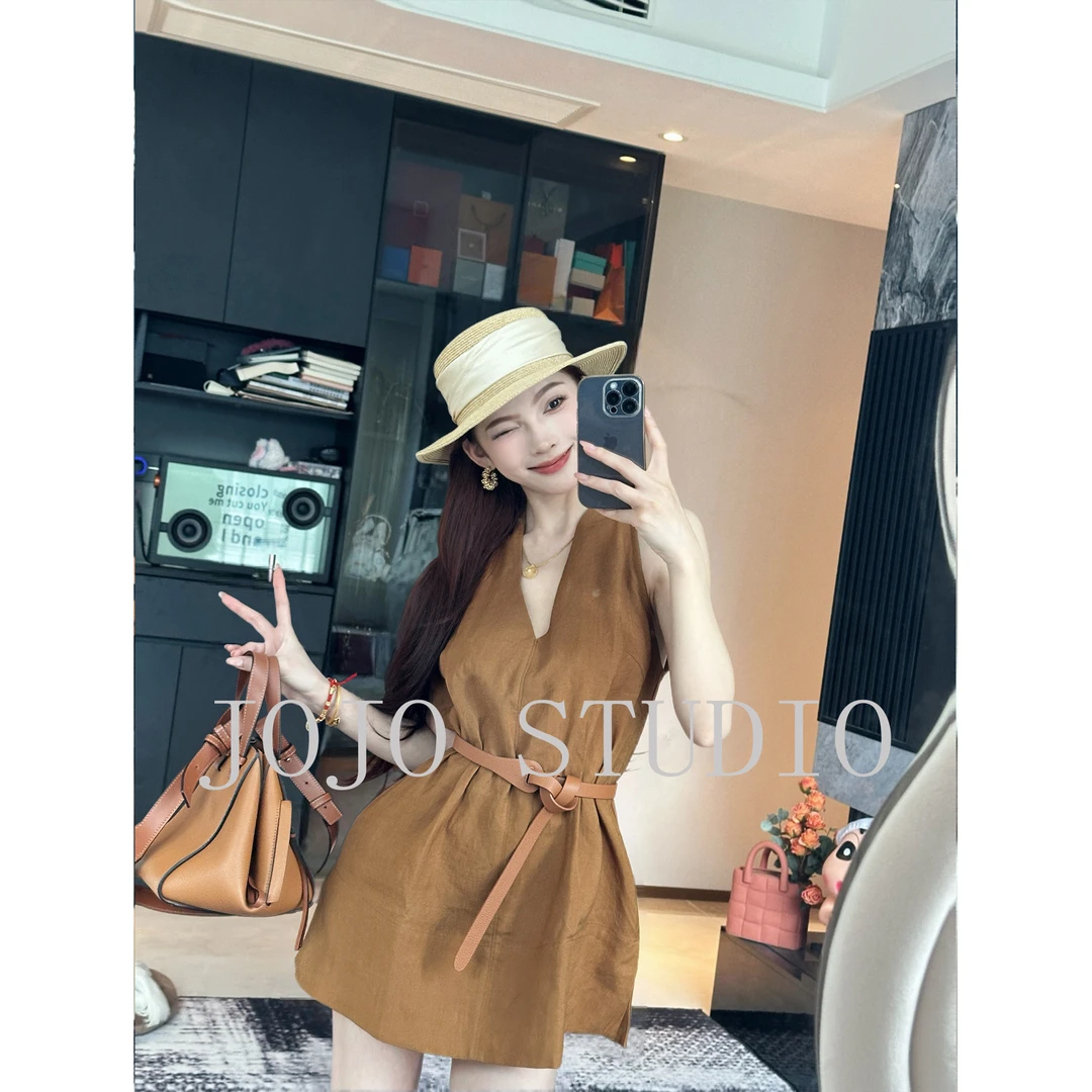 JOJO STUDIO【暮色珊瑚】小个子2025夏季无袖露肩中短款连衣裙上衣