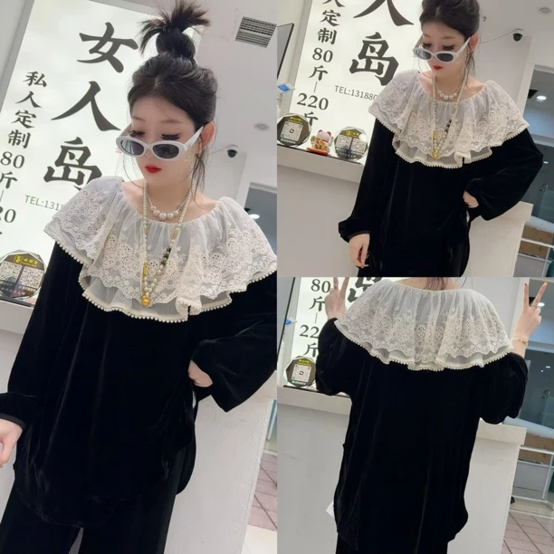 5831蕾丝珍珠领高级丝绒衫（衣长73左右）