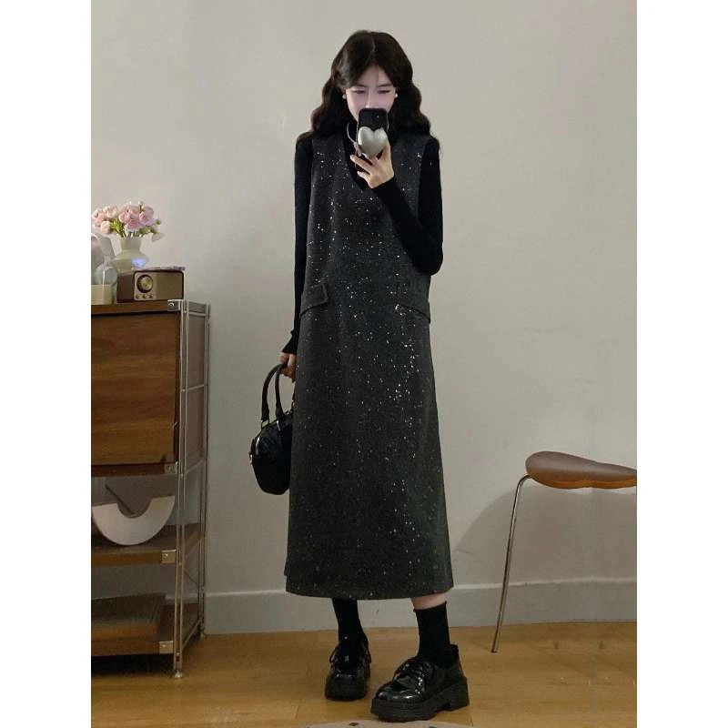 高级感亮闪闪背心毛呢裙2025秋冬新款大码胖mm打底衫连衣裙两件套