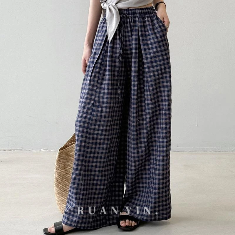 阮音格子阔腿裤女夏季韩系复古宽松显瘦山本裤直筒休闲裤拖地长裤