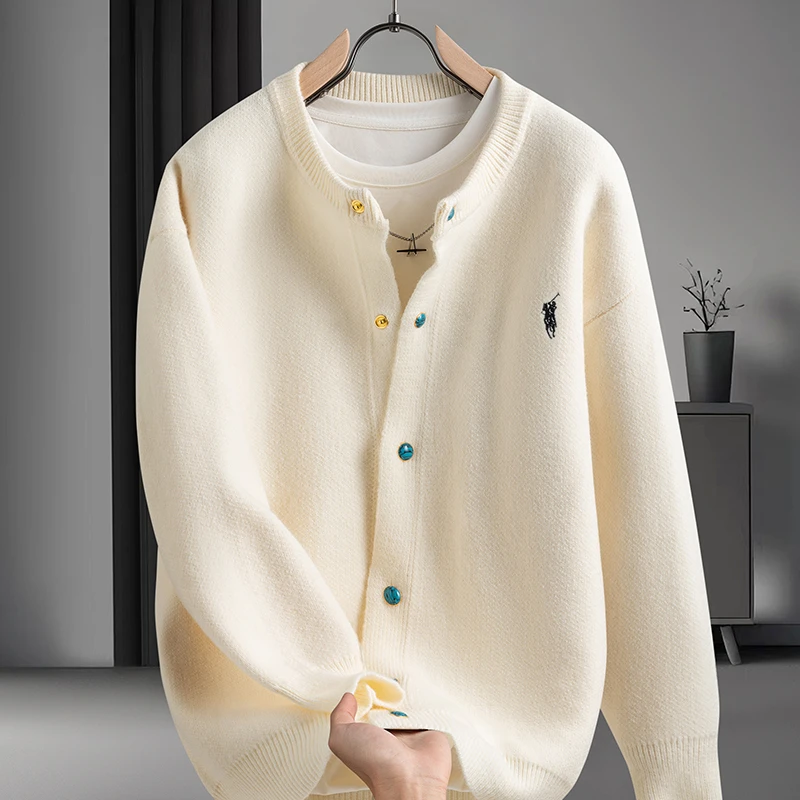 春秋新款纯色圆领针织开衫时尚男士宽松休闲潮流百搭简约毛衣外套