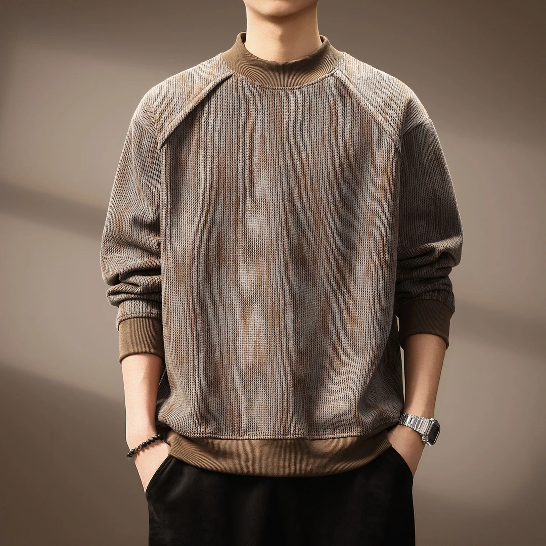 高端潮牌半高领拼接重磅卫衣男士秋季新款日系纹理印花宽松上衣男