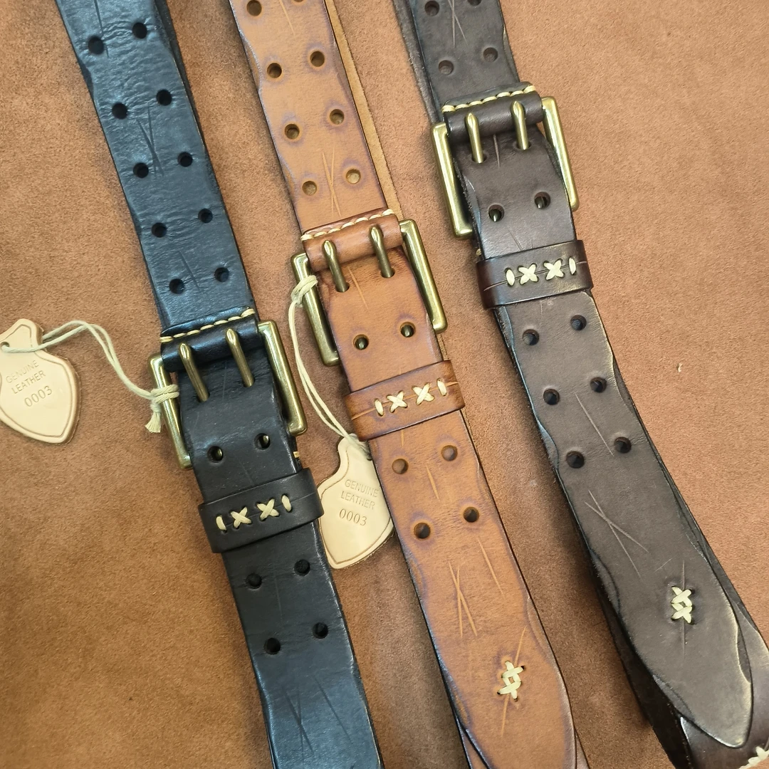 0003复古铜扣双针牛皮皮带