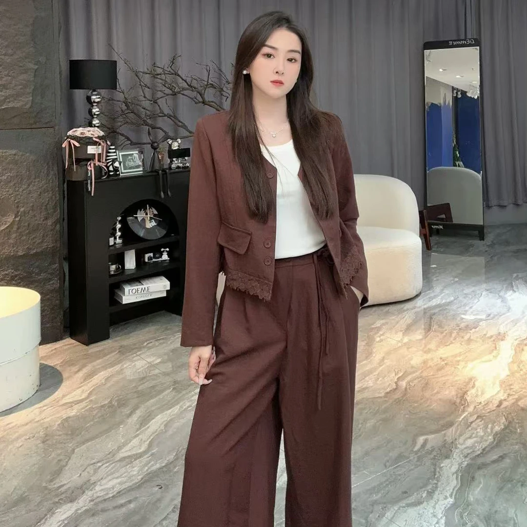 A866早秋新款休闲时尚西装外套百搭减龄阔腿裤两件套套装