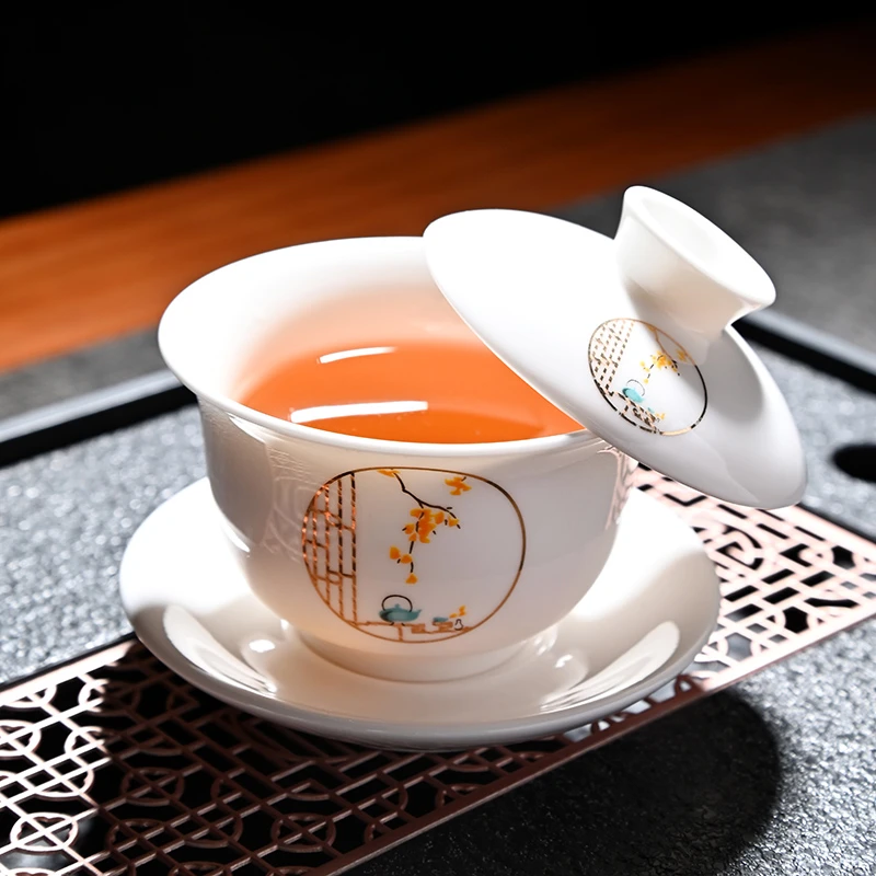 可悬停旋转盖碗羊脂玉三才盖子茶碗茶具单个高档白瓷手抓泡茶壶