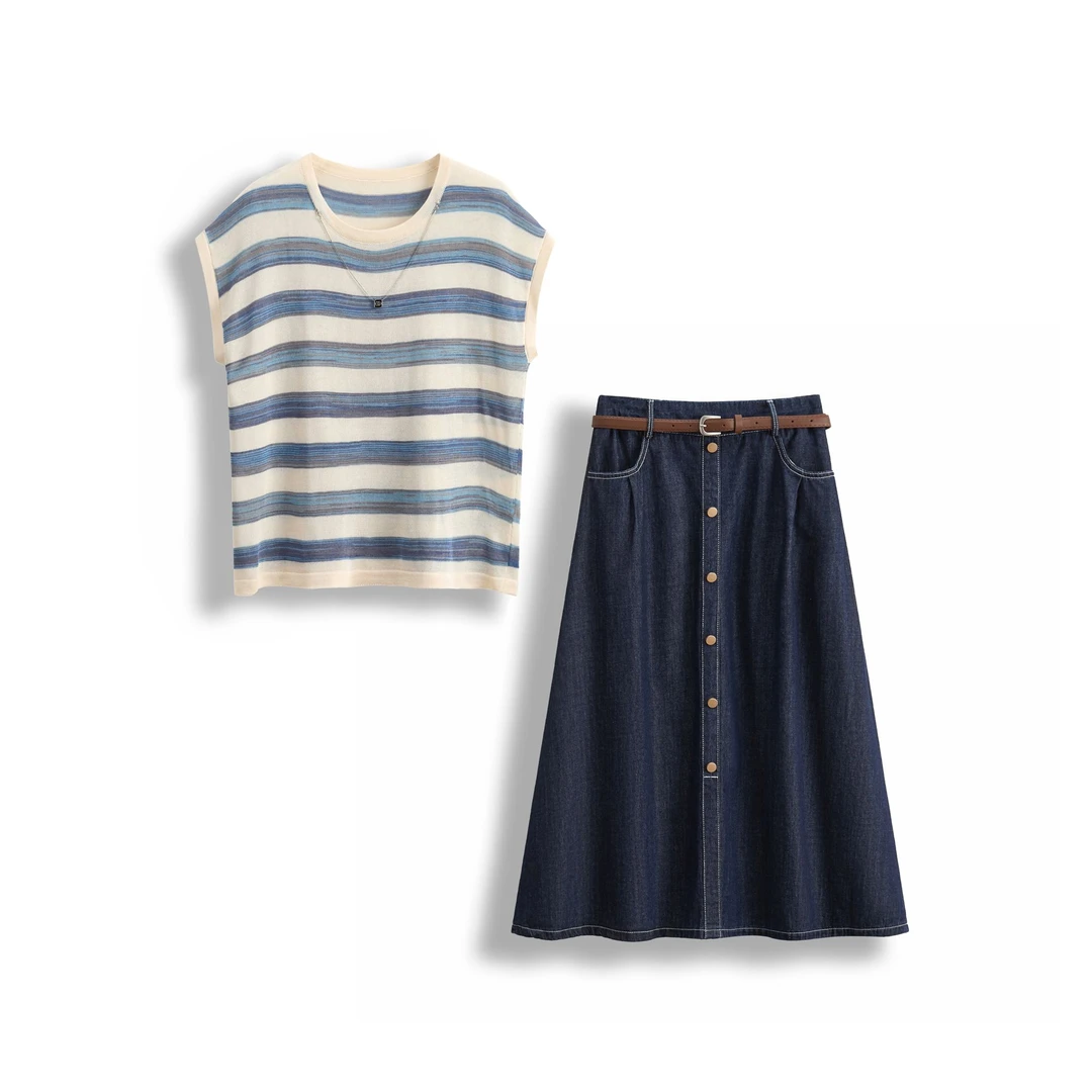 Y002#套装女夏撞色条纹t恤高腰牛仔半身裙两件套2025新款