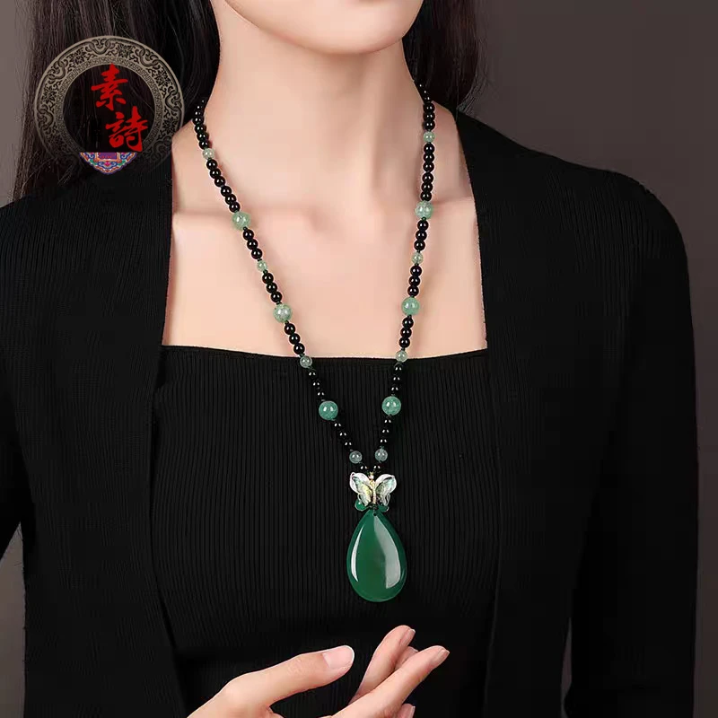 非金属玻璃吊坠 新中式毛衣链挂件长款高档项链民族风秋冬配饰女