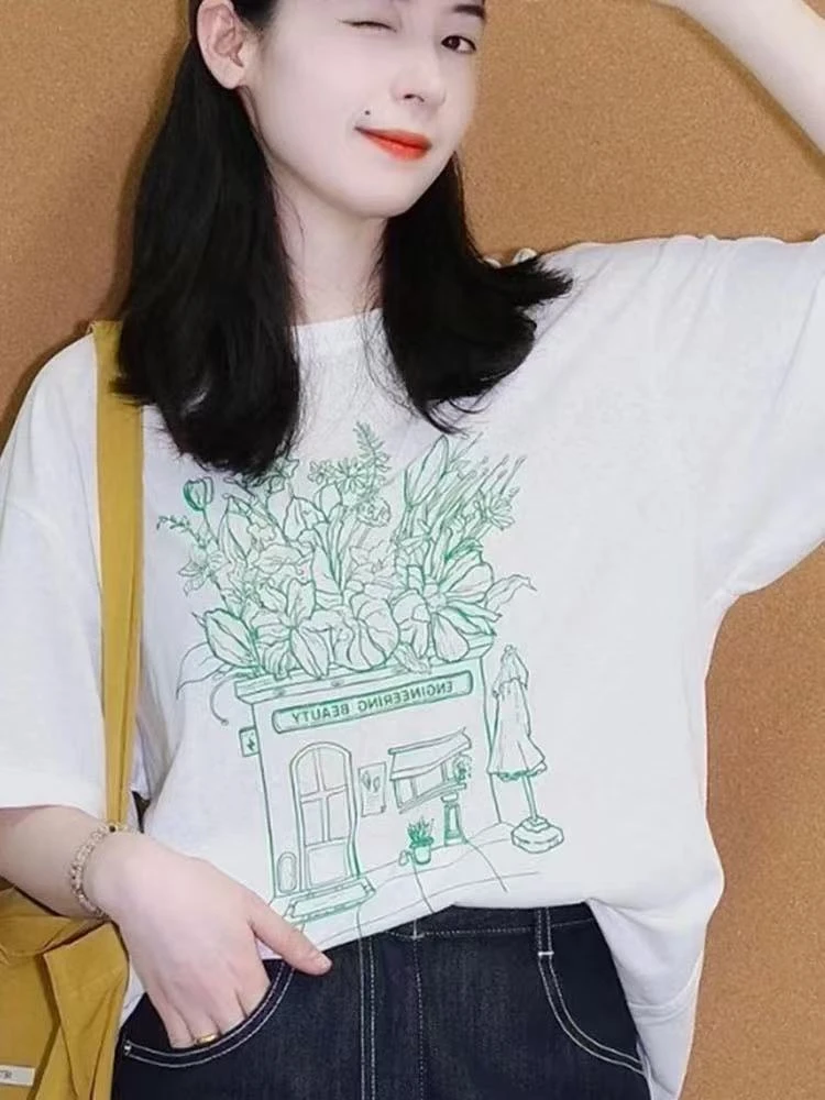 短袖女2025新款爆款夏季韩系炸街独特漂亮上衣白色腊肠狗印花t恤