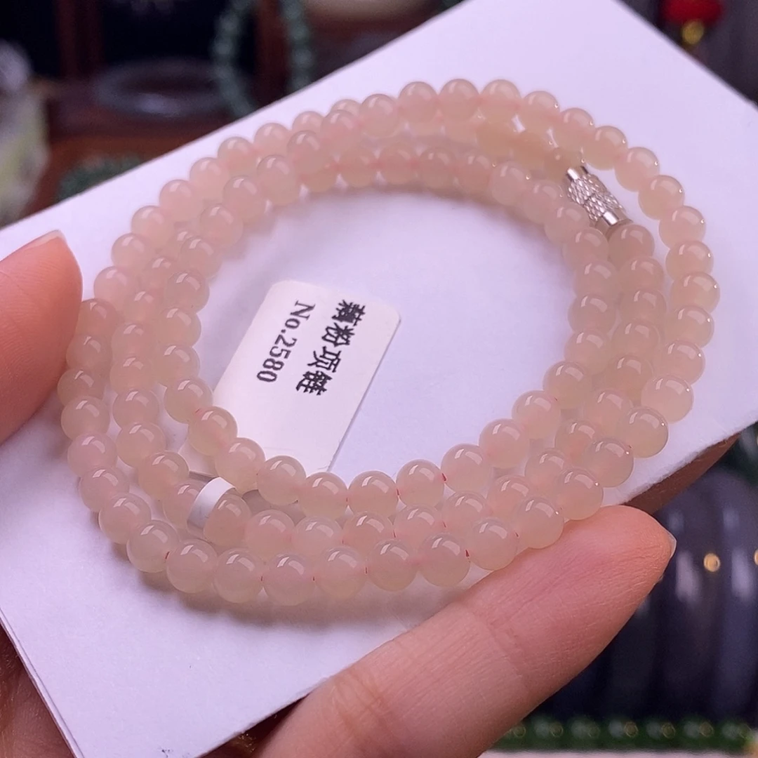 颈饰未镶嵌和田玉毕业级老坑料浓红粉珠链5m