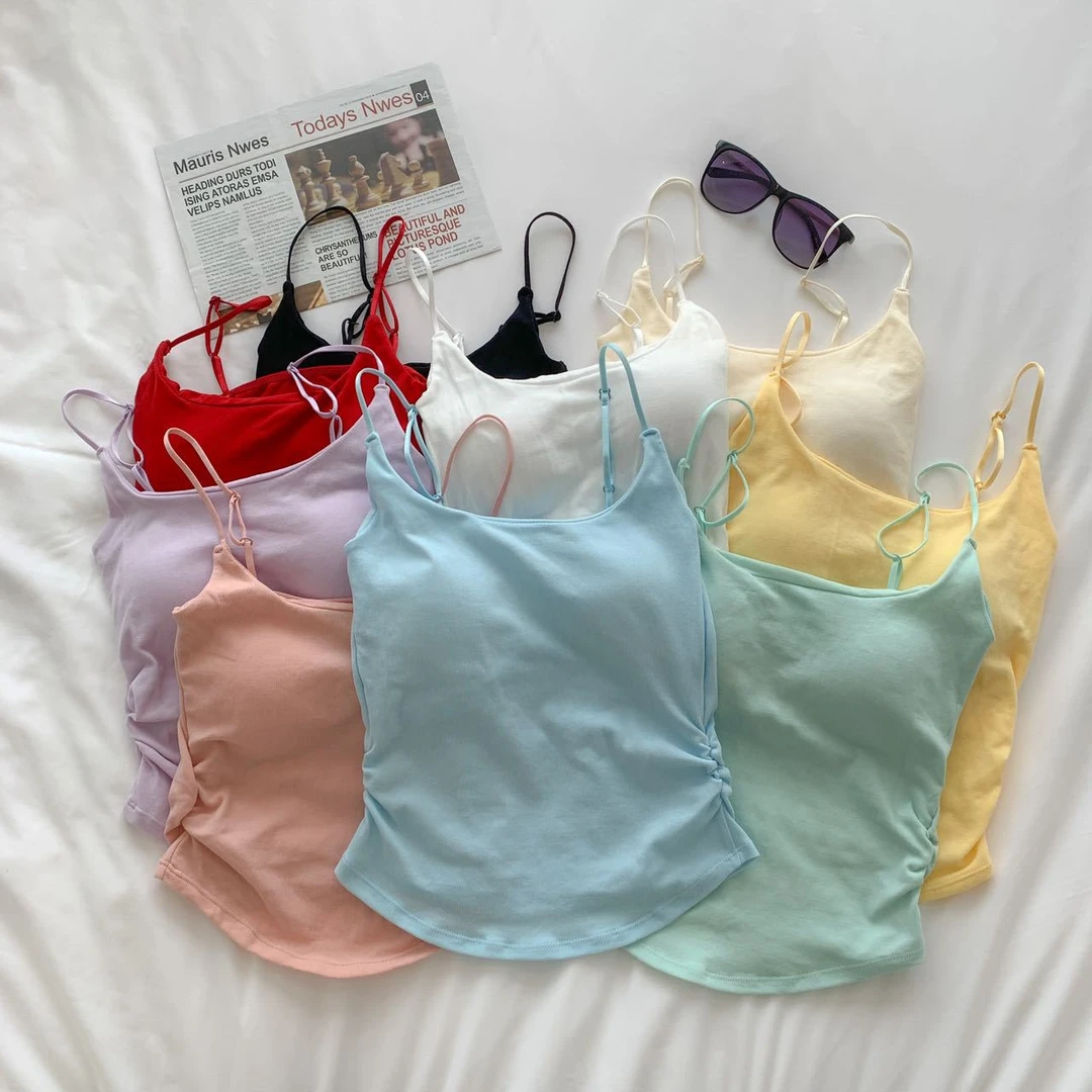 马卡龙色系纯欲甜辣小吊带自带胸垫固定杯褶皱设计感显瘦背心女Z