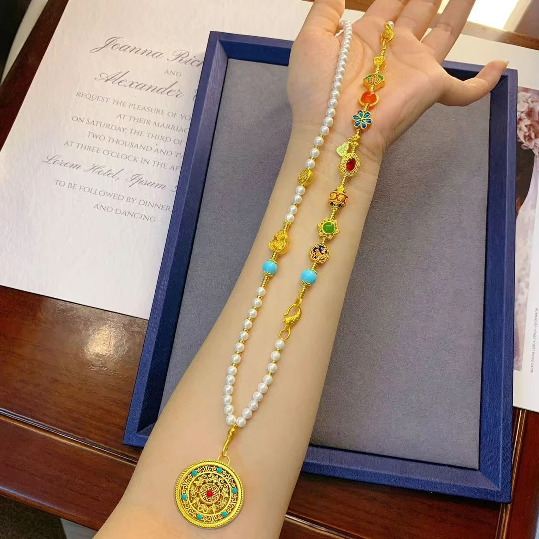 铜合金吊坠 珍珠多宝项链花丝镂空五福圆满吊坠配件百搭毛衣链女