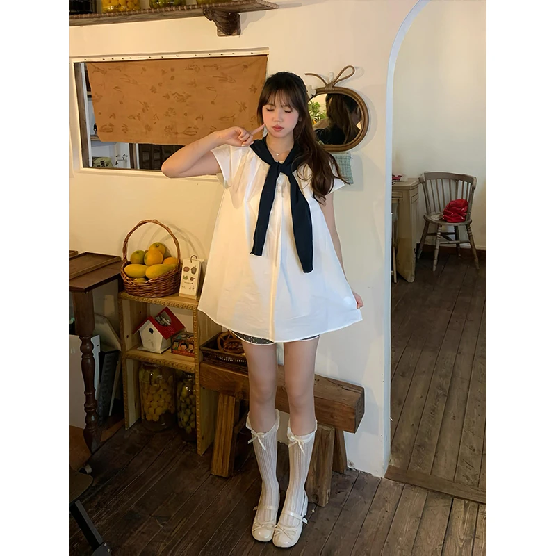 夏日学院风甜美小个子白色短袖连衣裙子藏青色披肩+连衣裙两件套