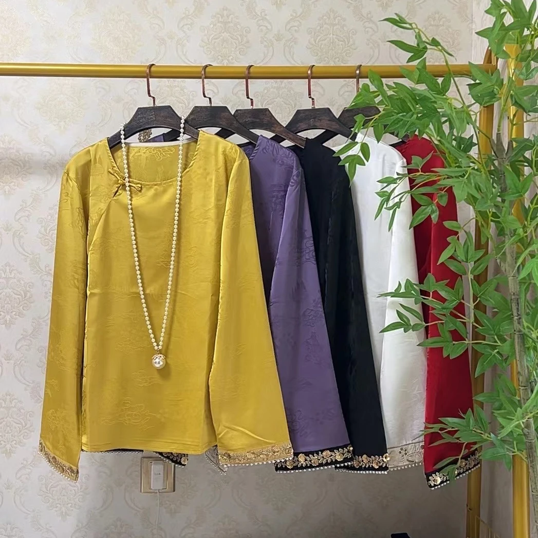 大聪秋季新中式提花打底衫胖妹妹宽松显瘦百搭时尚圆领上衣77306