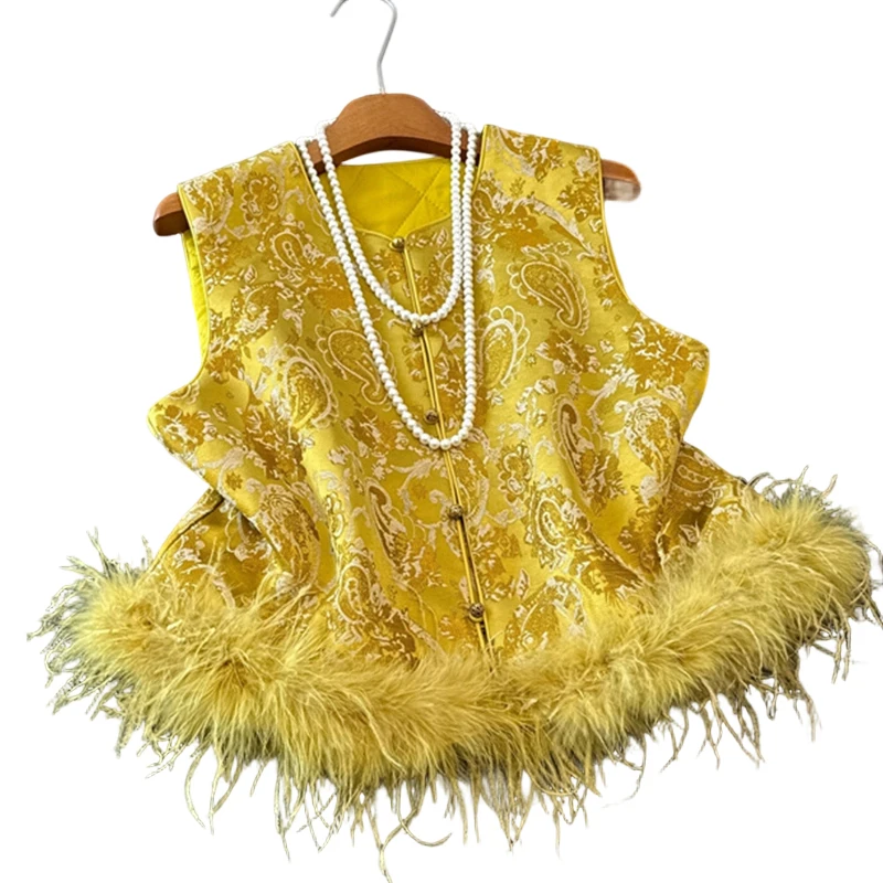 新中式马甲女外穿秋冬毛毛国风外套无袖坎肩夹棉背心提花上衣马夹