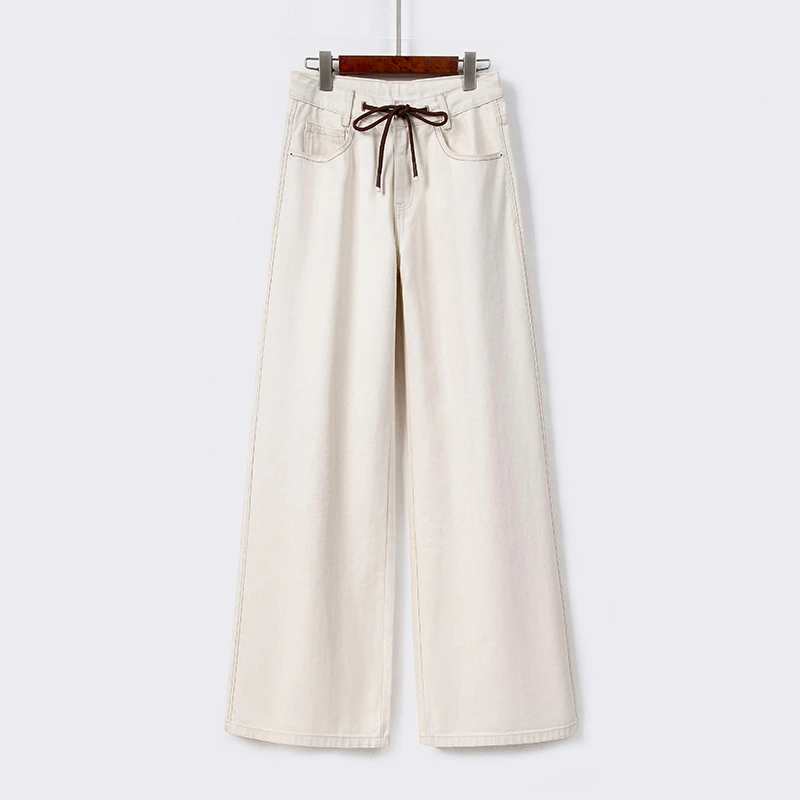 【RAIN.CUN】米白色新款抽绳高腰宽松水洗直筒阔腿长裤TT11709M