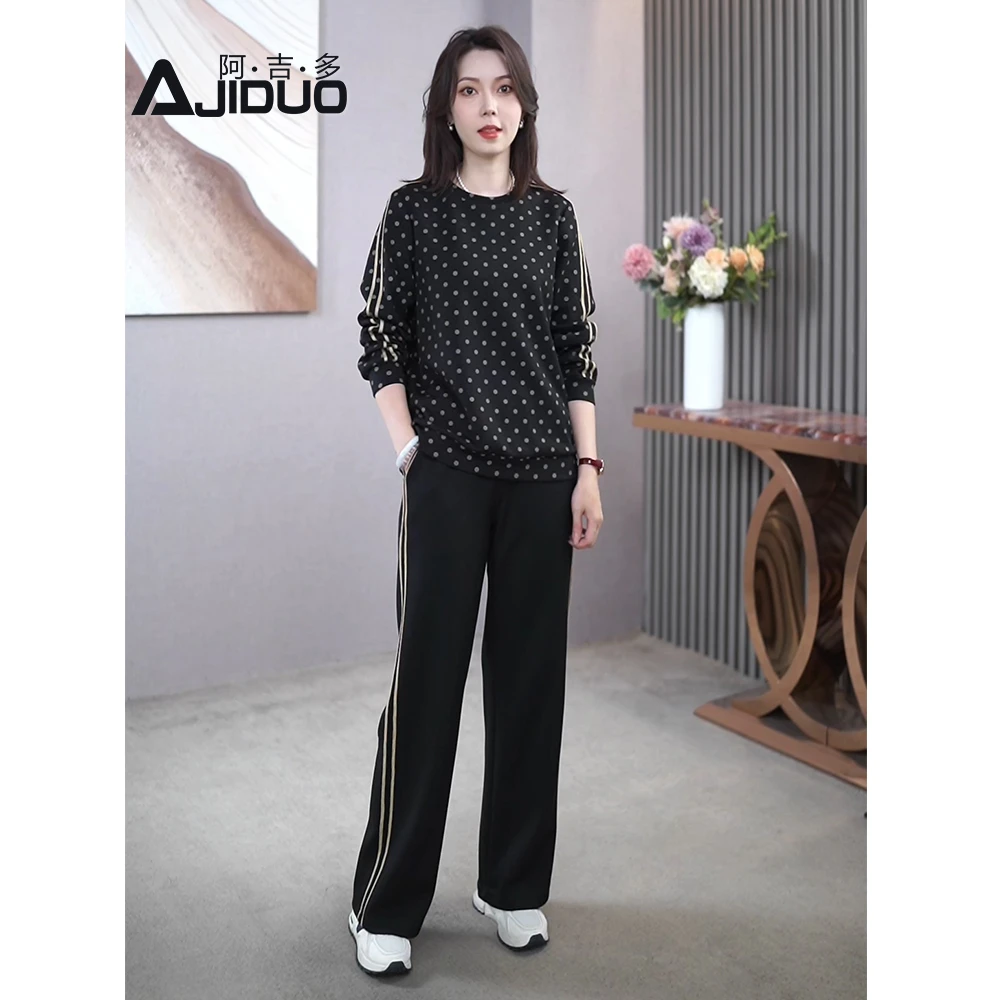 阿吉多A22276休闲显瘦黑色波点套装女春秋装新款上衣直筒裤两件套