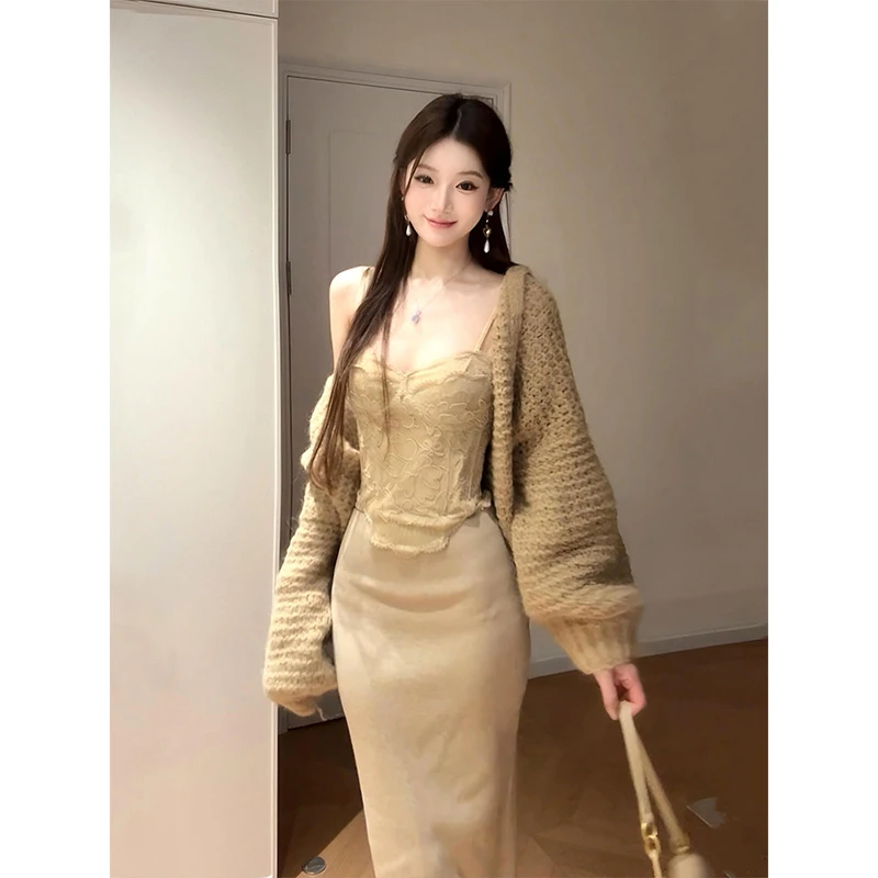 parkyeon设计感小众镂空针织开衫上衣内搭吊带背心半身裙两件套