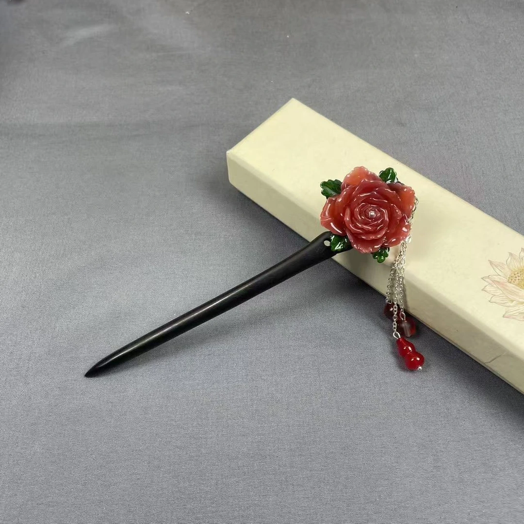 红色玫瑰花黑檀木发簪发钗新中式头饰发饰步摇流苏簪子旗袍配饰