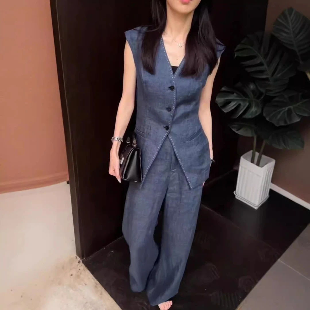 夏季高级感干练气质女装轻奢小香风无袖马甲背心阔腿裤两件套装女