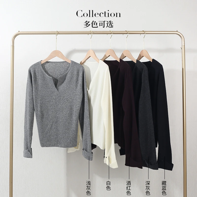 2025秋季新款V领针织衫女修身显瘦设计感休闲百搭长袖打底衫上衣