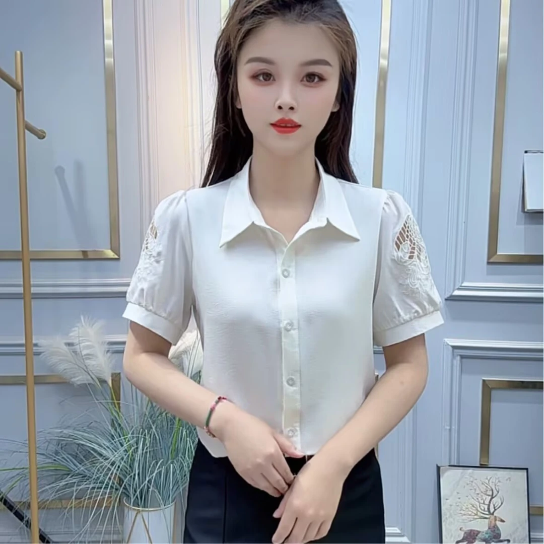 重工刺绣镂空短袖衬衫女夏季新款宽松时尚休闲上衣薄款衬衣女
