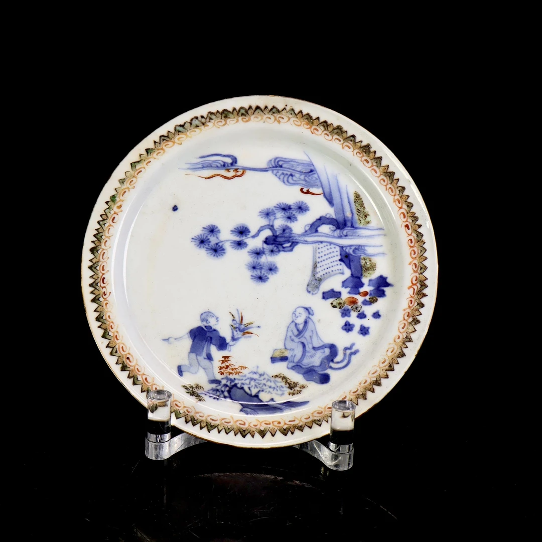 41.明晚期青花五彩陶渊明爱菊图盘